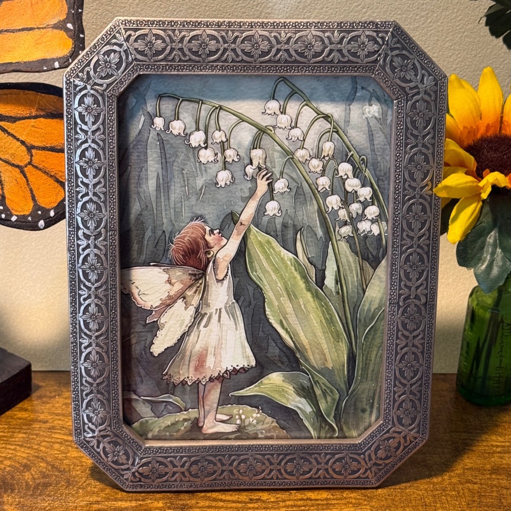 Fairy Lily of the Valley Art Print in Ornate Pewter Tone Metal Frame Whimsical
